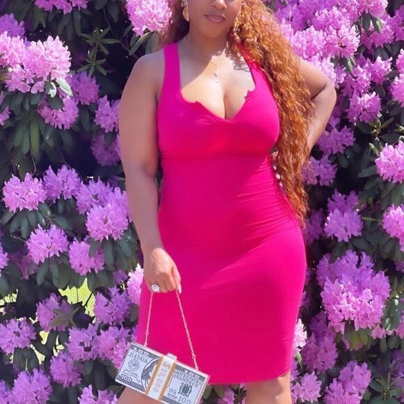 Pink split neck Dress Midi - Picture 1 of 7